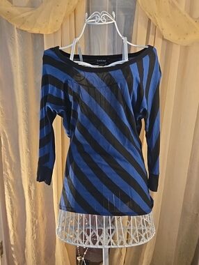 bebe Black and Blue Diagonal Stripe Boatneck Top with Open Back, XS.
